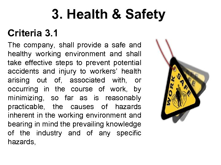 3. Health & Safety Criteria 3. 1 The company, shall provide a safe and