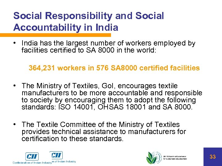 Social Responsibility and Social Accountability in India • India has the largest number of