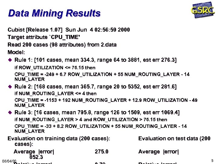 Data Mining Results Cubist [Release 1. 07] Sun Jun 4 02: 56: 59 2000