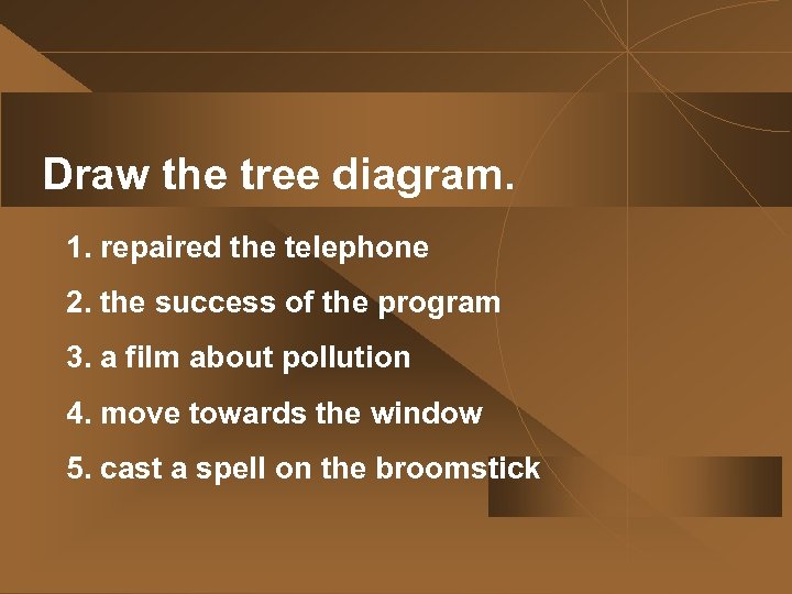 Draw the tree diagram. 1. repaired the telephone 2. the success of the program