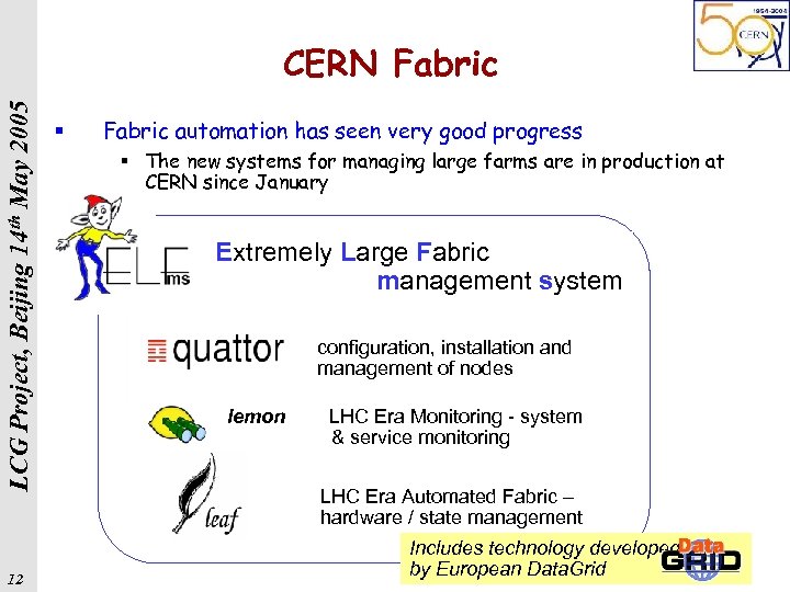 LCG Project, Beijing 14 th May 2005 CERN Fabric 12 § Fabric automation has
