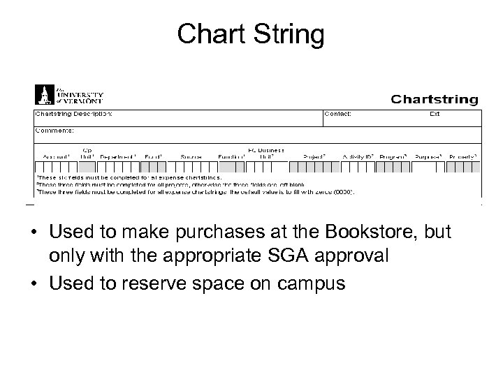 Chart String • Used to make purchases at the Bookstore, but only with the