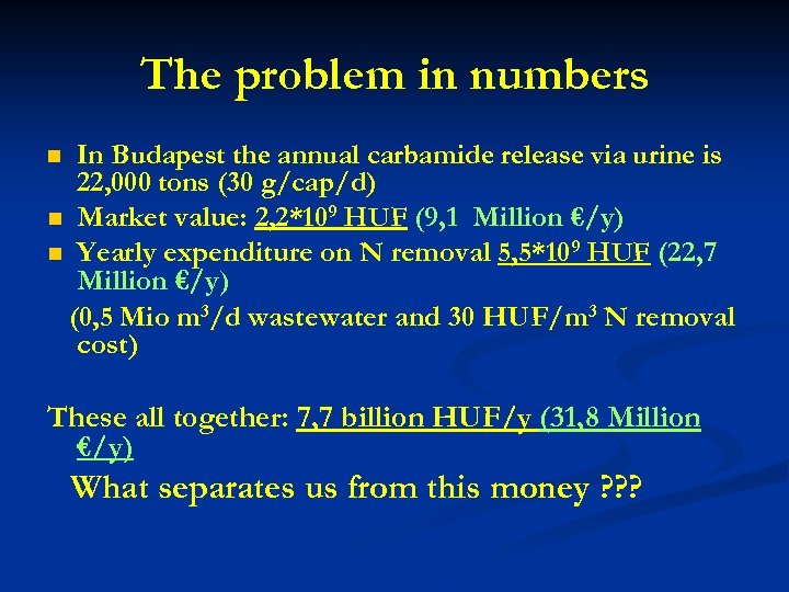 The problem in numbers In Budapest the annual carbamide release via urine is 22,