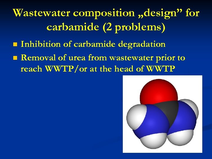 Wastewater composition „design” for carbamide (2 problems) n n Inhibition of carbamide degradation Removal