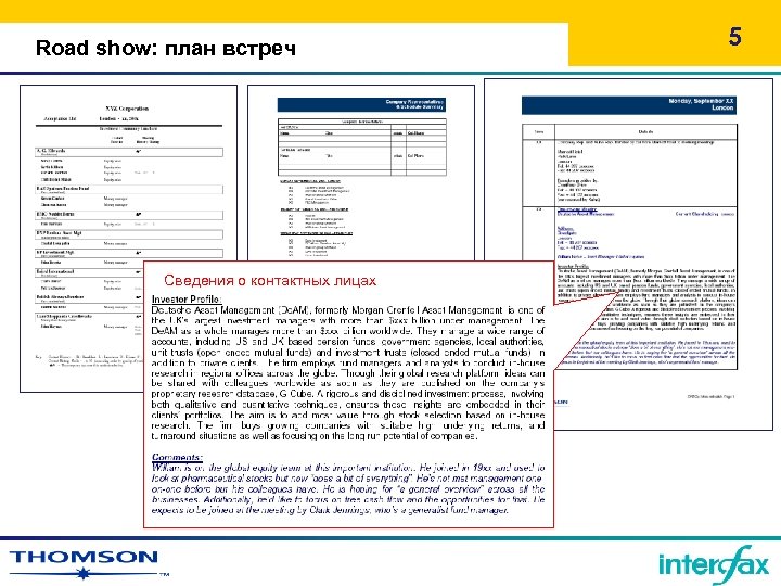 Road show: план встреч Сведения о контактных лицах 5 