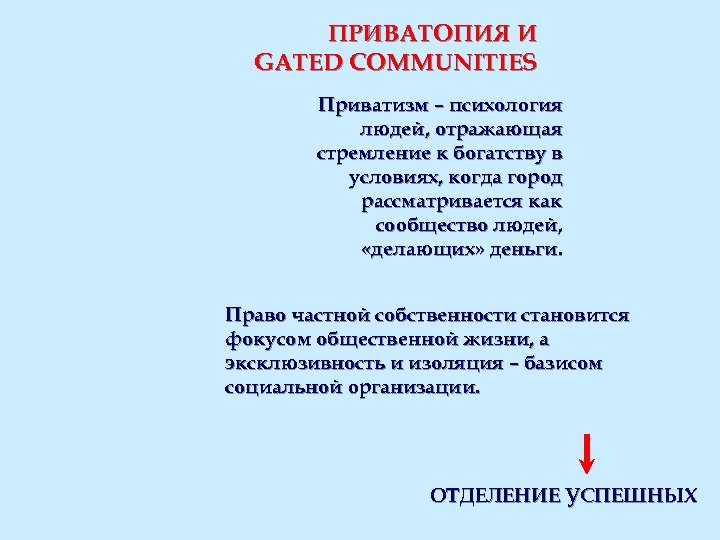 ПРИВАТОПИЯ И GATED COMMUNITIES Приватизм – психология людей, отражающая стремление к богатству в условиях,