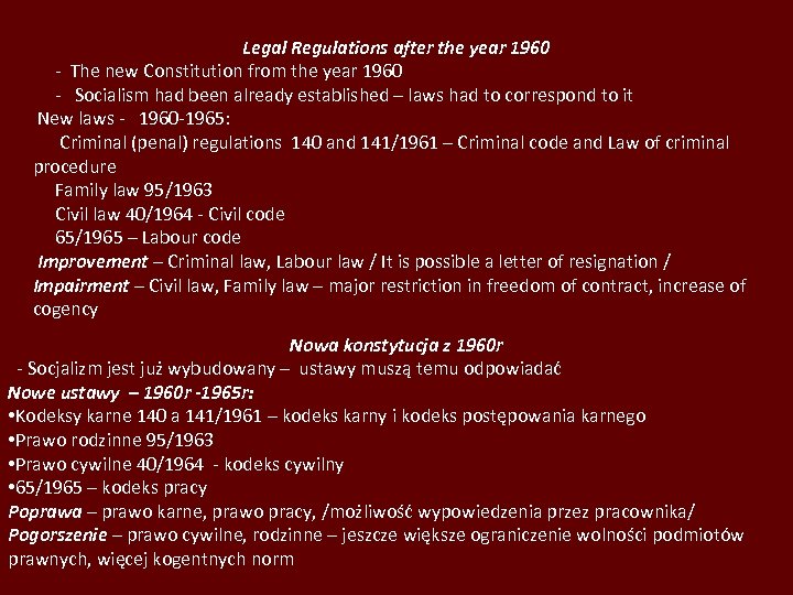 Legal Regulations after the year 1960 - The new Constitution from the year 1960