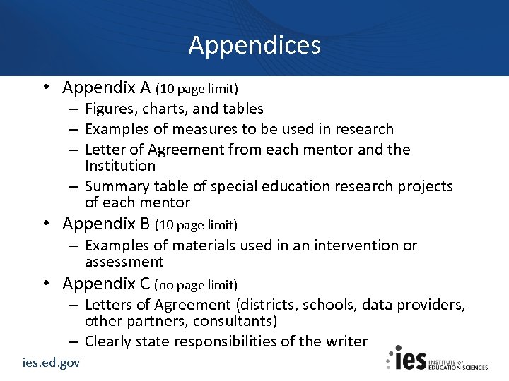 Appendices • Appendix A (10 page limit) – Figures, charts, and tables – Examples