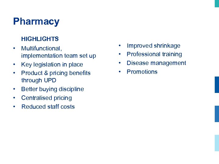 Pharmacy HIGHLIGHTS • Multifunctional, implementation team set up • Key legislation in place •