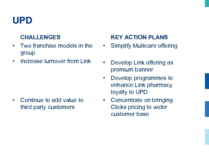 UPD CHALLENGES • Two franchise models in the group • Increase turnover from Link