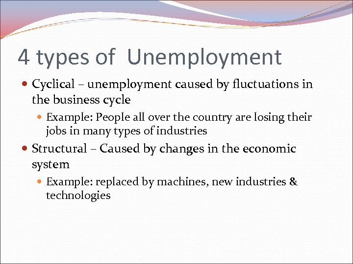 4 types of Unemployment Cyclical – unemployment caused by fluctuations in the business cycle