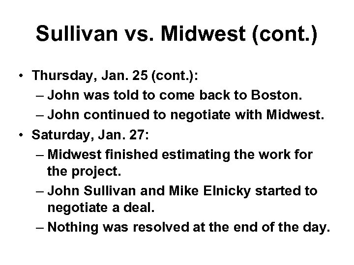 Sullivan vs. Midwest (cont. ) • Thursday, Jan. 25 (cont. ): – John was