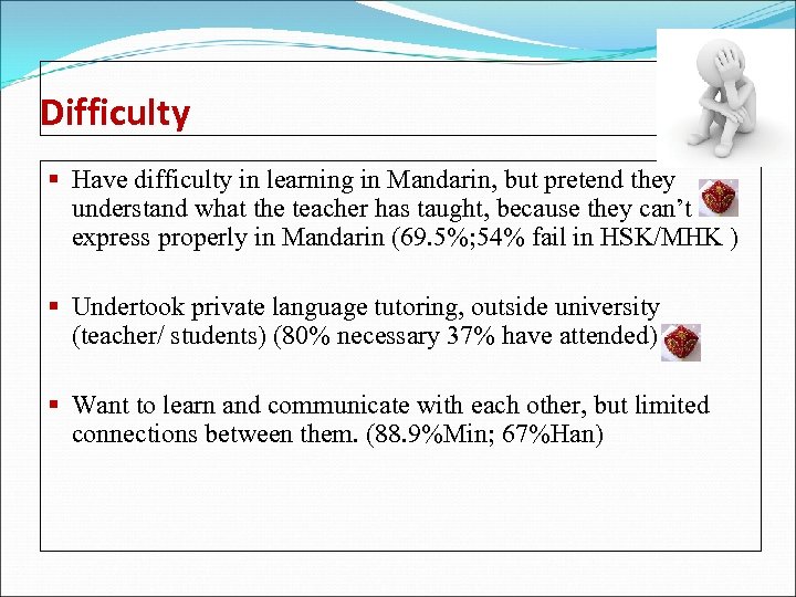 Difficulty § Have difficulty in learning in Mandarin, but pretend they understand what the