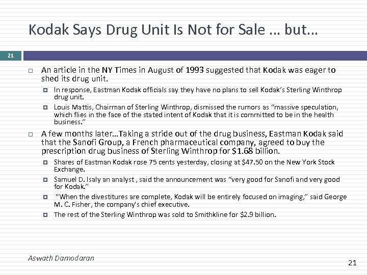 Kodak Says Drug Unit Is Not for Sale … but… 21 An article in