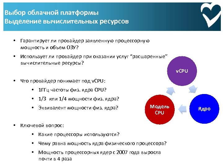 Выбор облачной платформы Выделение вычислительных ресурсов • Гарантирует ли провайдер заявленную процессорную мощность и