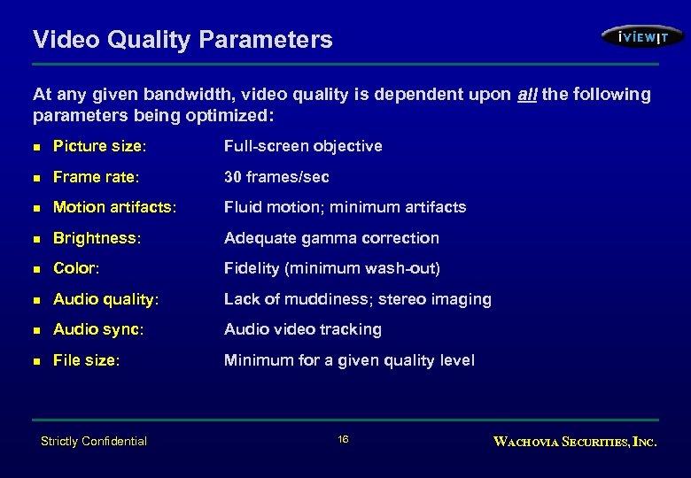 Video Quality Parameters At any given bandwidth, video quality is dependent upon all the