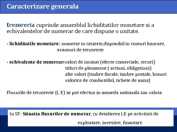 Caracterizare generala trezoreria cuprinde ansamblul lichiditatilor monetare si a echivalentelor de numerar de care