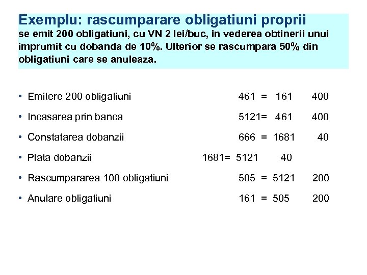 Exemplu: rascumparare obligatiuni proprii se emit 200 obligatiuni, cu VN 2 lei/buc, in vederea