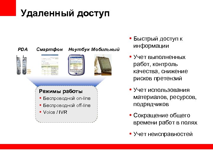 Удаленный доступ • Быстрый доступ к PDA Смартфон Ноутбук Мобильный информации • Учет выполненных