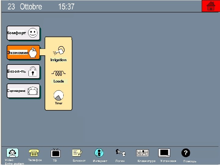 Комфорт Экономия Irrigation Безоп-ть Loads Сценарии Nehos System Video Entry system Телефон ТВ Блокнот