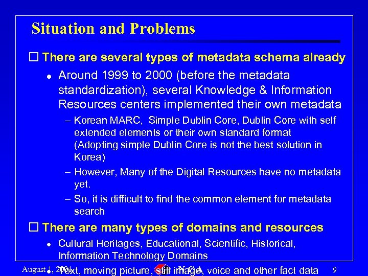 Situation and Problems o There are several types of metadata schema already l Around