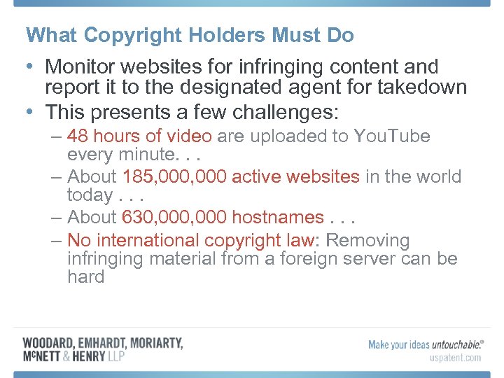 What Copyright Holders Must Do • Monitor websites for infringing content and report it