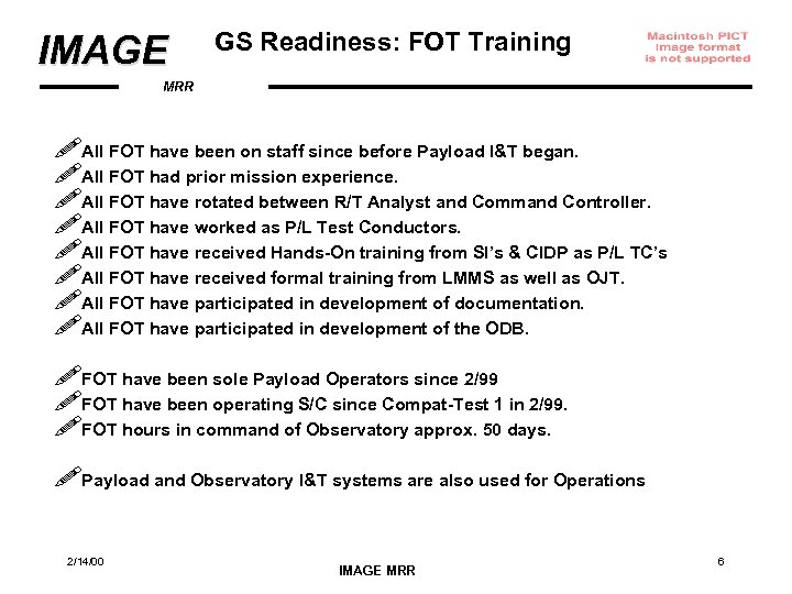 IMAGE GS Readiness: FOT Training MRR !All FOT have been on staff since before