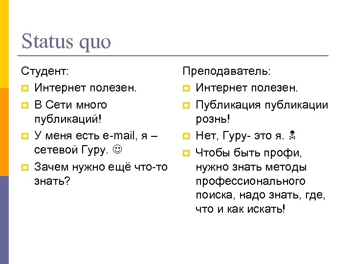 Status quo Студент: Преподаватель: p Интернет полезен. p В Сети много p Публикация публикации