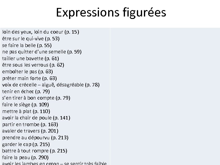 Expressions figurées loin des yeux, loin du coeur (p. 15) être sur le qui-vive