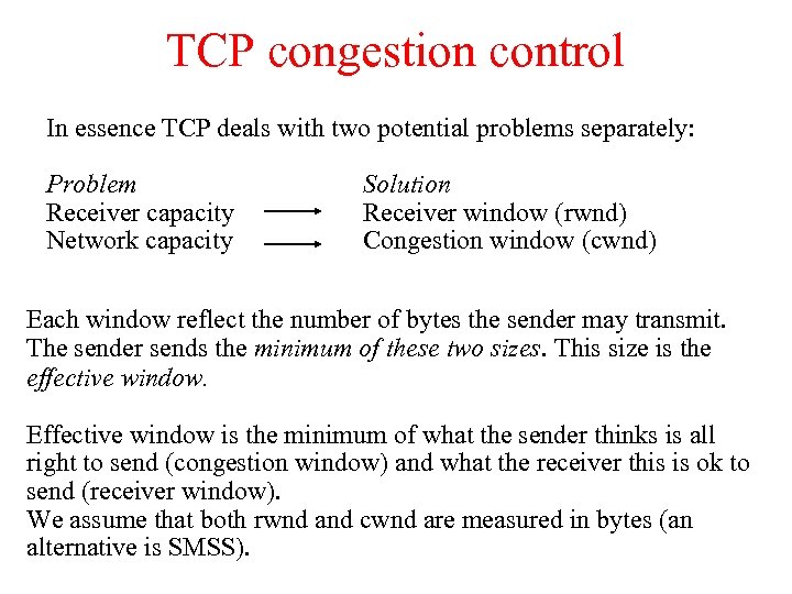 TCP congestion control In essence TCP deals with two potential problems separately: Problem Receiver