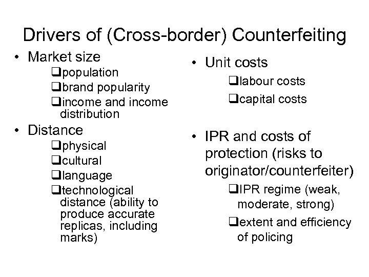 Drivers of (Cross-border) Counterfeiting • Market size qpopulation qbrand popularity qincome and income distribution