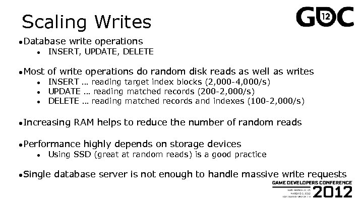 Scaling Writes ●Database ● ●Most ● ● ● write operations INSERT, UPDATE, DELETE of