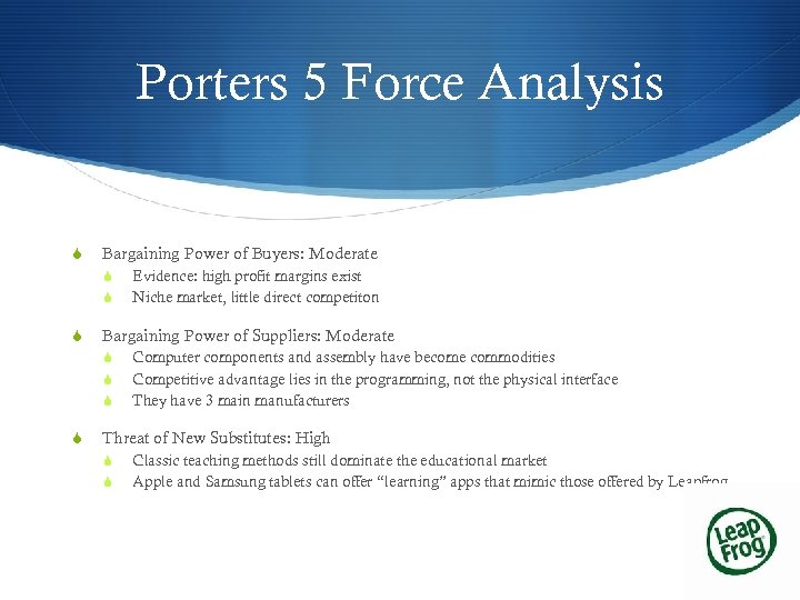 Porters 5 Force Analysis S Bargaining Power of Buyers: Moderate S S S Bargaining