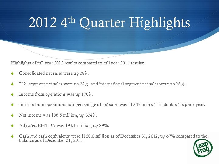 2012 th 4 Quarter Highlights of full year 2012 results compared to full year