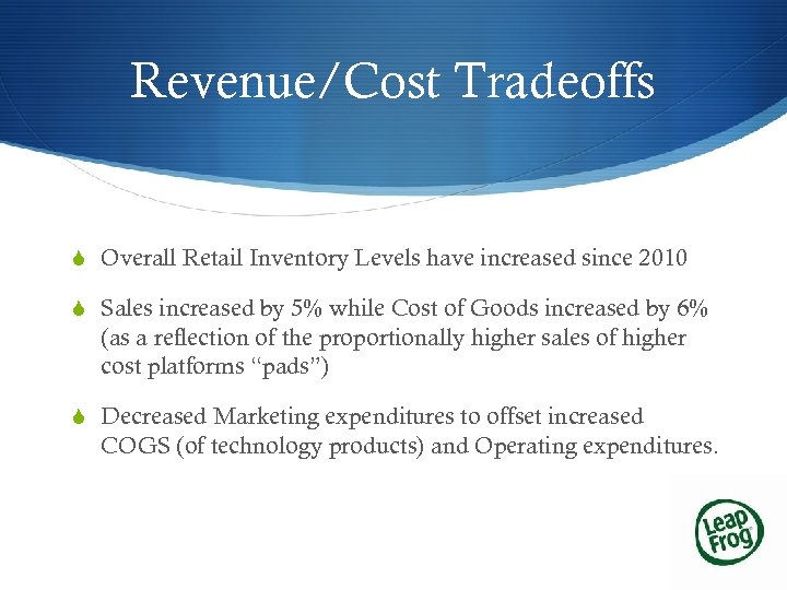 Revenue/Cost Tradeoffs S Overall Retail Inventory Levels have increased since 2010 S Sales increased