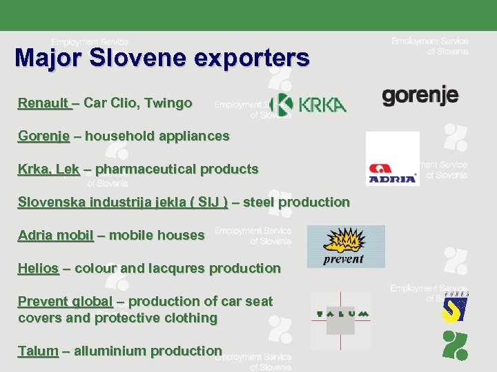 Major Slovene exporters Renault – Car Clio, Twingo Gorenje – household appliances Krka, Lek
