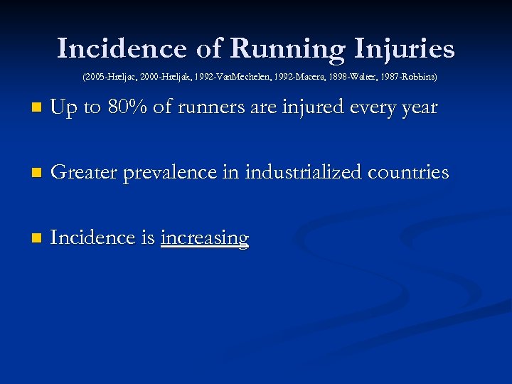 Incidence of Running Injuries (2005 -Hreljac, 2000 -Hreljak, 1992 -Van. Mechelen, 1992 -Macera, 1898