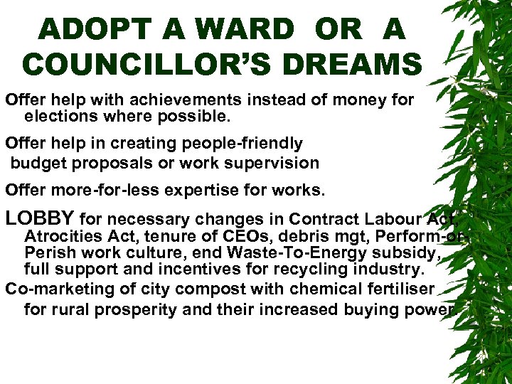 ADOPT A WARD OR A COUNCILLOR’S DREAMS Offer help with achievements instead of money