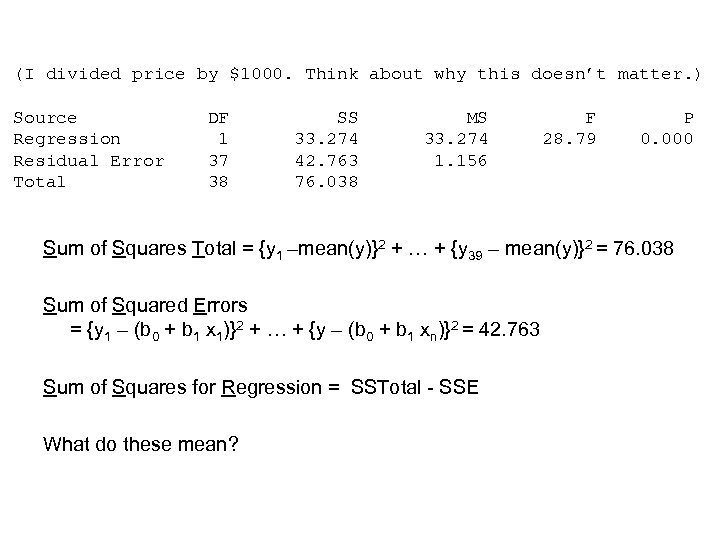 (I divided price by $1000. Think about why this doesn’t matter. ) Source Regression