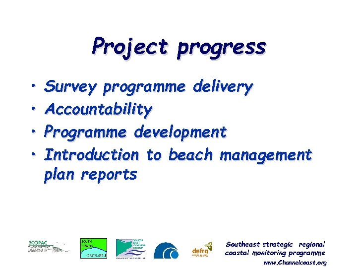 Project progress • • Survey programme delivery Accountability Programme development Introduction to beach management