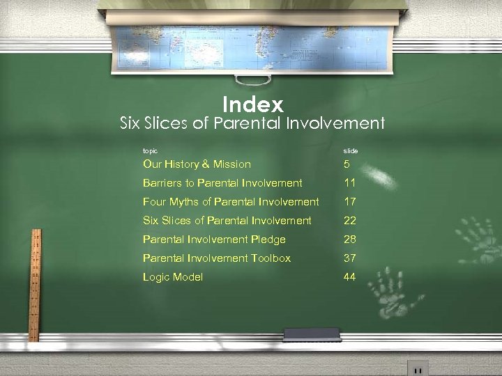 Index Six Slices of Parental Involvement topic slide Our History & Mission 5 Barriers