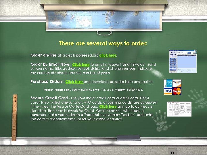 There are several ways to order: Order on-line at projectappleseed. org click here. Order