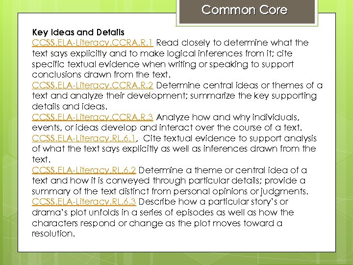 Common Core Key Ideas and Details CCSS. ELA-Literacy. CCRA. R. 1 Read closely to