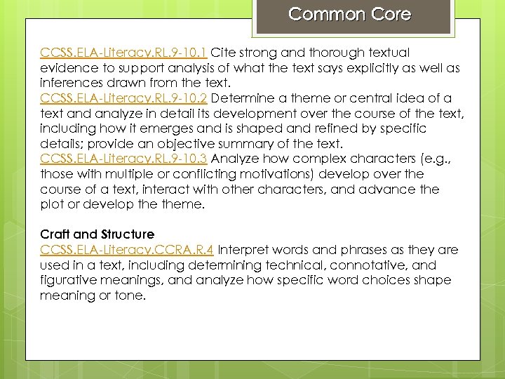 Common Core CCSS. ELA-Literacy. RL. 9 -10. 1 Cite strong and thorough textual evidence