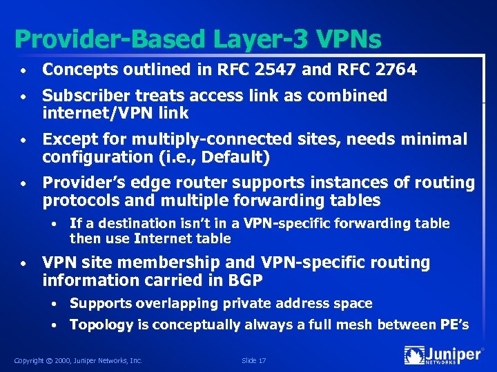 Provider-Based Layer-3 VPNs • Concepts outlined in RFC 2547 and RFC 2764 • Subscriber