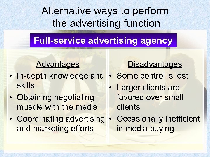 Alternative ways to perform the advertising function Full-service advertising agency Advantages Disadvantages • In-depth