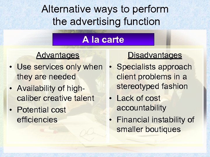 Alternative ways to perform the advertising function A la carte Advantages Disadvantages • Use