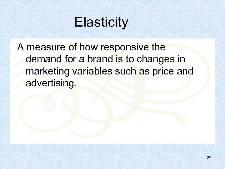 Elasticity A measure of how responsive the demand for a brand is to changes