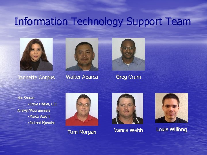 Information Technology Support Team Jannette Corpus Walter Abarca Greg Crum Tom Morgan Vance Webb