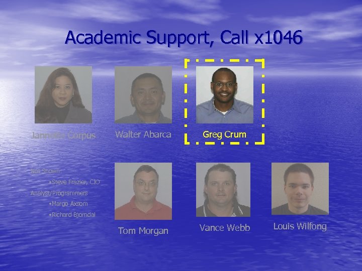 Academic Support, Call x 1046 Jannette Corpus Walter Abarca Greg Crum Tom Morgan Vance